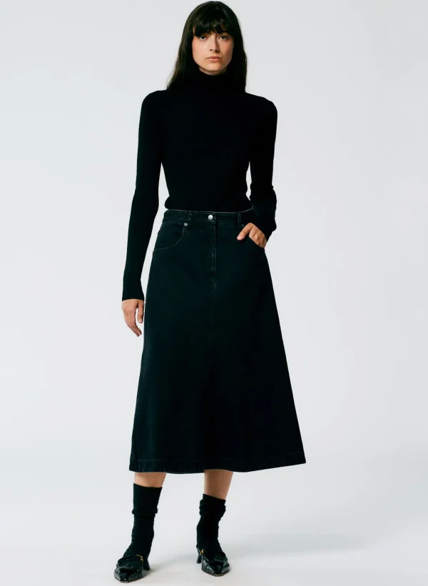 Tibi Denim Midi A-Line Skirt Black Flash Sale