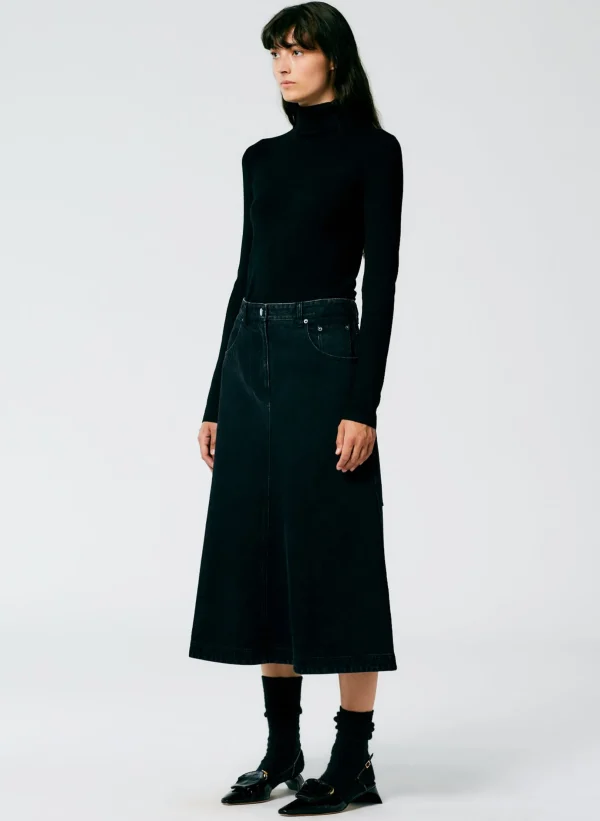 Tibi Denim Midi A-Line Skirt Black Flash Sale