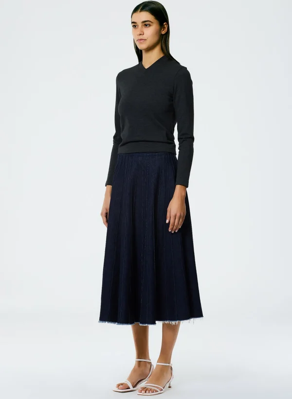 Tibi Brushed Denim Pintucked Skirt Indigo Clearance