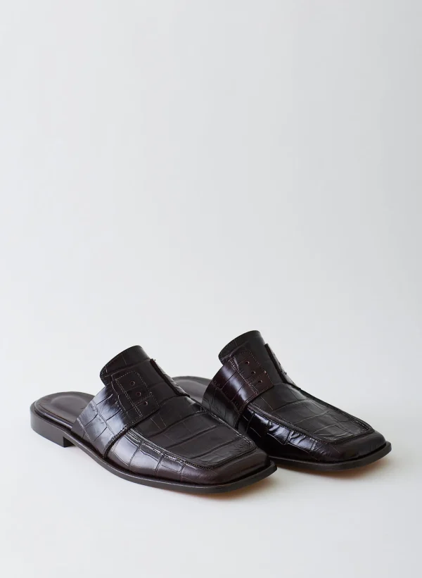 Tibi Croc Print Pedro Slide Square Toe Loafer Dark Brown Best