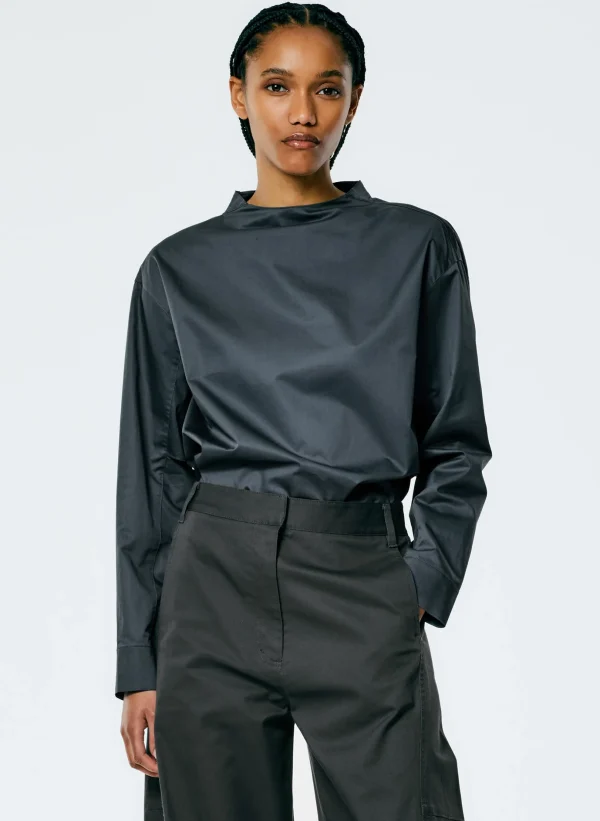 Tibi Eco Poplin Funnelneck Top Navy Fog Best