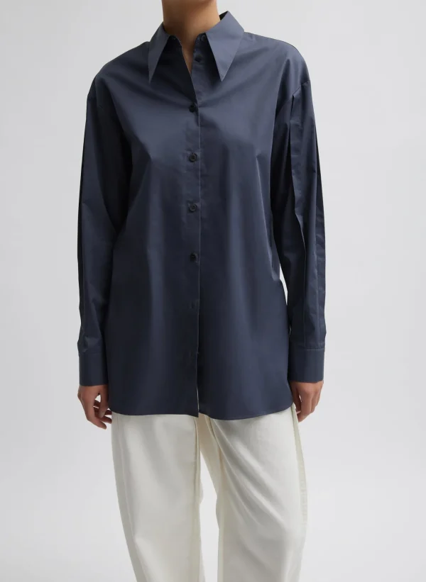 Tibi Eco Poplin Shirt With Tucked Sleeve Shark Grey Outlet