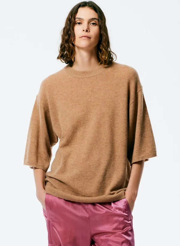 Tibi Feather Weight Cashmere Oversized Easy T-Shirt Sand Discount