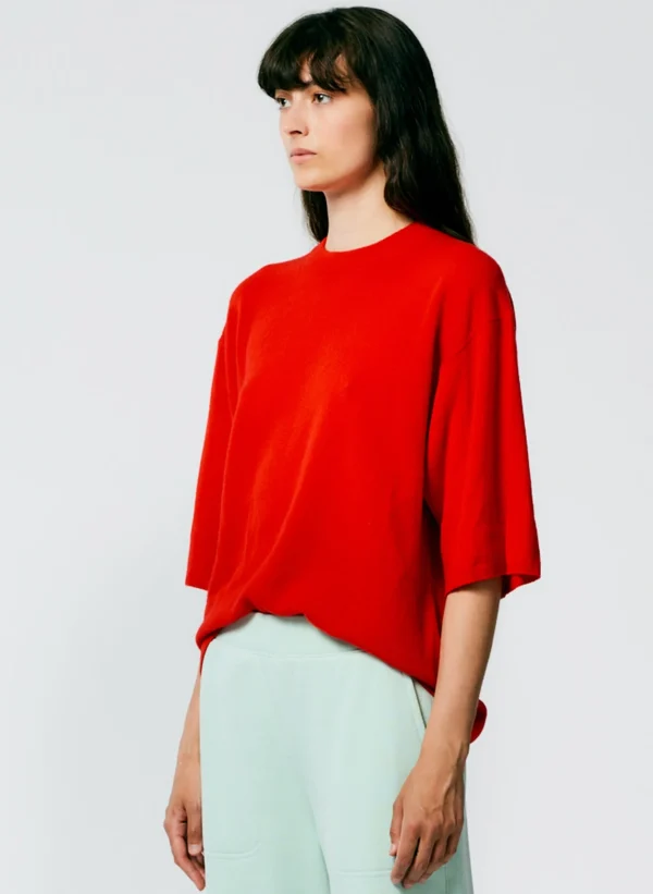 Tibi Feather Weight Cashmere Oversized Easy T-Shirt Red Best Sale