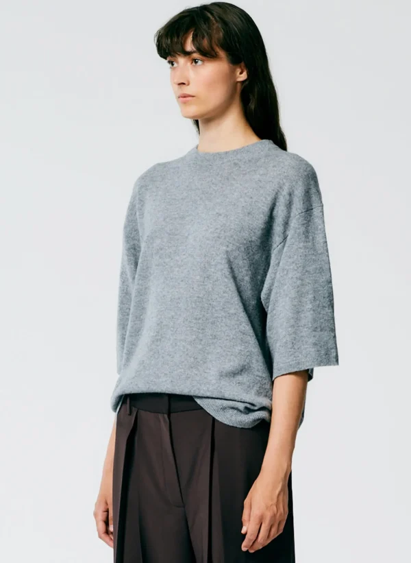 Tibi Feather Weight Cashmere Oversized Easy T-Shirt Heather Grey Fashion