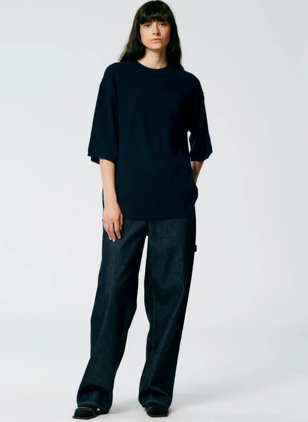 Tibi Feather Weight Cashmere Oversized Easy T-Shirt Navy Online