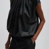 Tibi Feather Weight Leather Shirred Neck Circular Top Black Hot