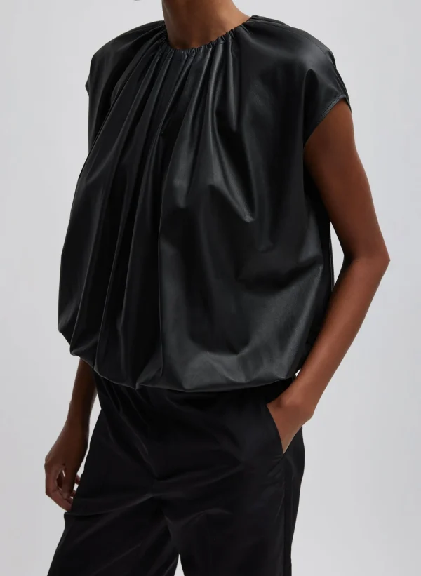 Tibi Feather Weight Leather Shirred Neck Circular Top Black Hot