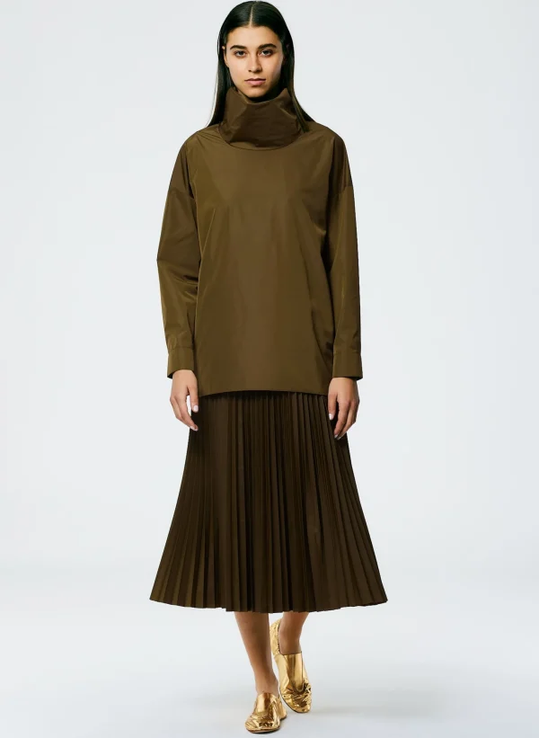 Tibi Italian Sporty Nylon Sunray Pleated Pull On Skirt Wood Fashion