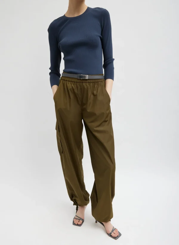 Tibi Italian Sporty Nylon Wide Leg Pull On Pant Wood Fashion