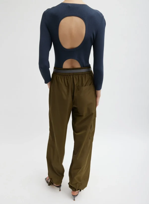 Tibi Italian Sporty Nylon Wide Leg Pull On Pant Wood Fashion