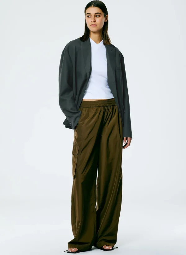 Tibi Italian Sporty Nylon Wide Leg Pull On Pant Wood Fashion