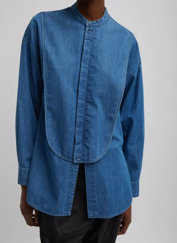 Tibi Light Weight Stone Wash Denim Tuxedo Shirt Denim Blue New