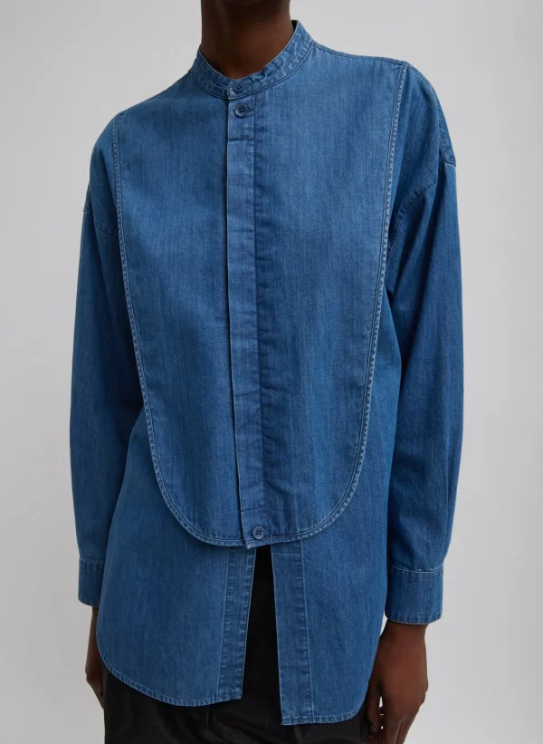 Tibi Light Weight Stone Wash Denim Tuxedo Shirt Denim Blue New