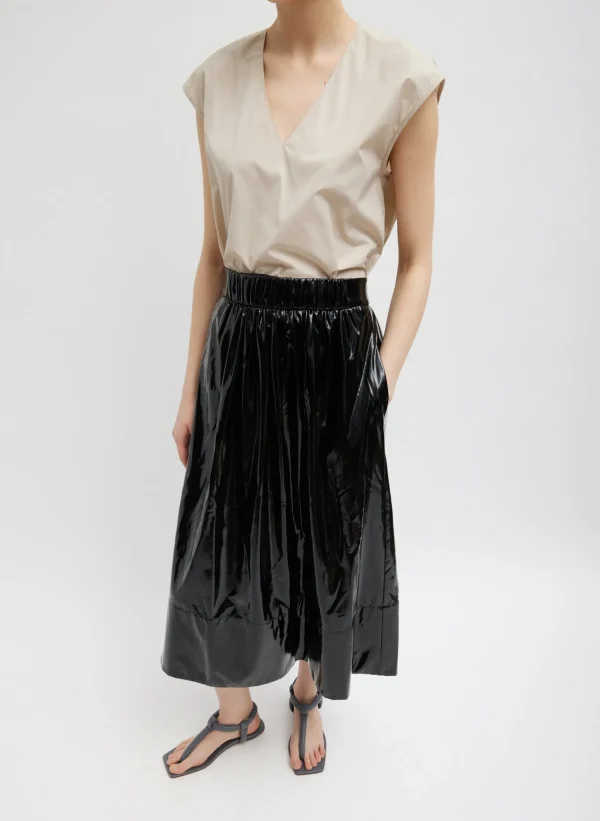 Tibi Light Weight Stretch Patent Smocking Waistband Full Skirt Black Best Sale