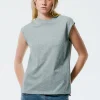 Tibi Mock Neck Sleeveless T-Shirt Heather Grey New