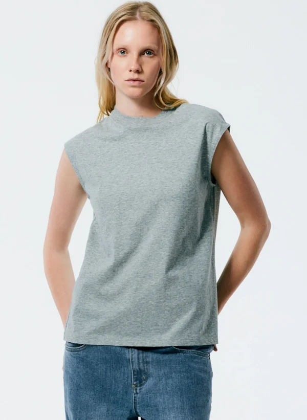 Tibi Mock Neck Sleeveless T-Shirt Heather Grey New