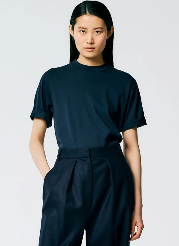 Tibi Mock Neck Unisex T-Shirt Navy Sale