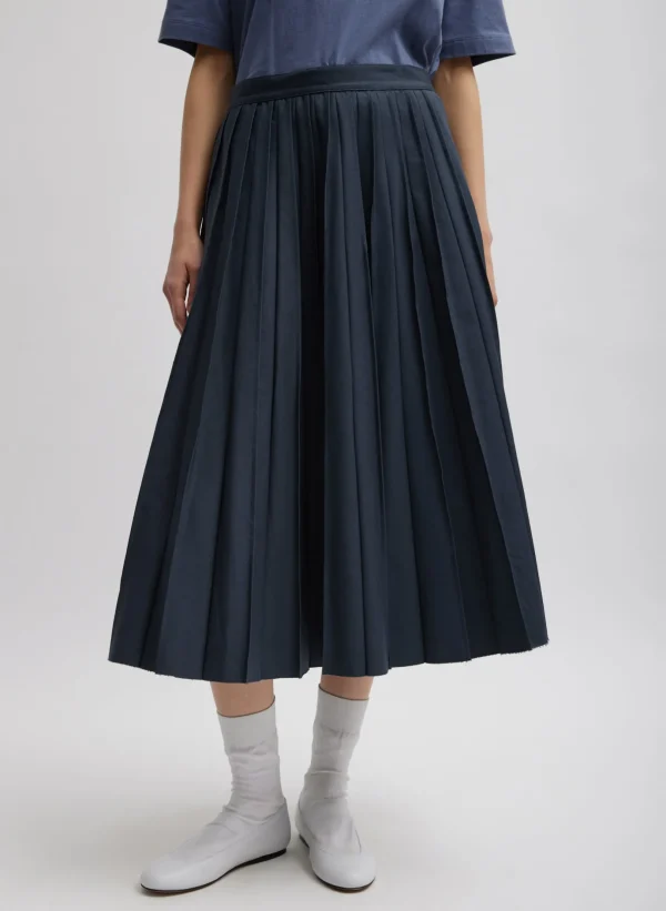 Tibi Oliver Cotton Stretch Tricotine Pintucked Skirt Slate Blue Best