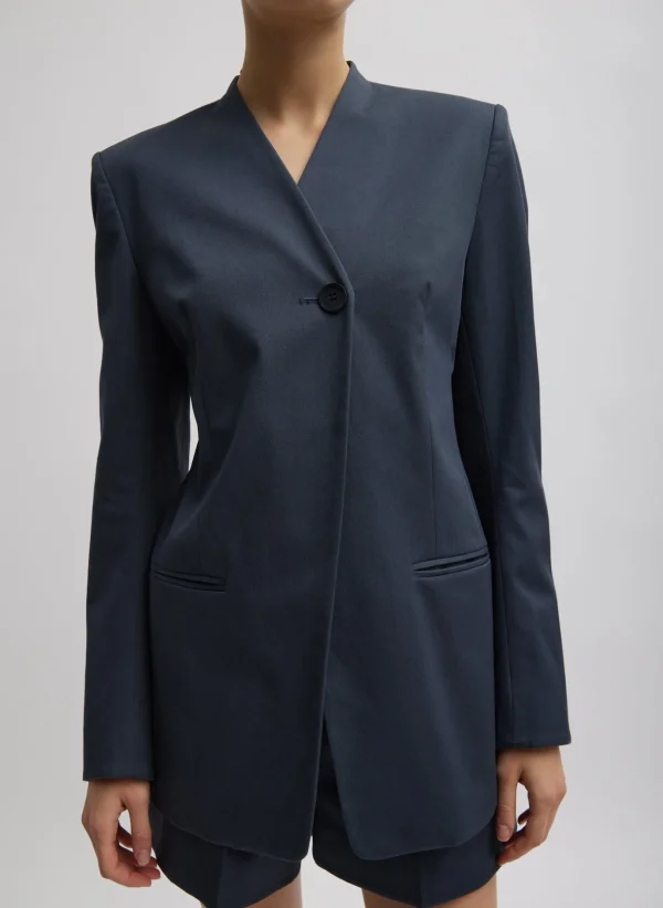 Tibi Oliver Cotton Stretch Tricotine Sculpted Blazer Slate Blue Cheap