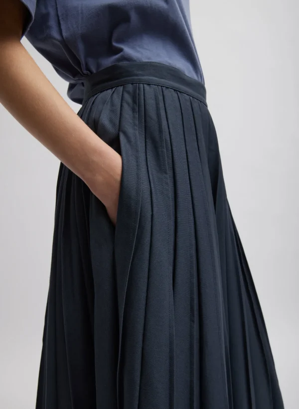 Tibi Oliver Cotton Stretch Tricotine Pintucked Skirt Slate Blue Best