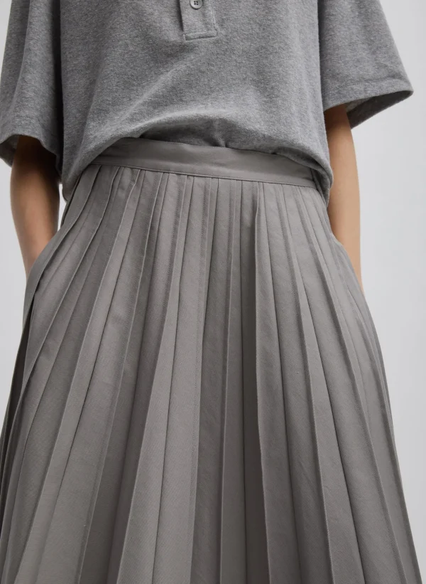 Tibi Oliver Cotton Stretch Tricotine Pintucked Skirt Grey Moon Clearance