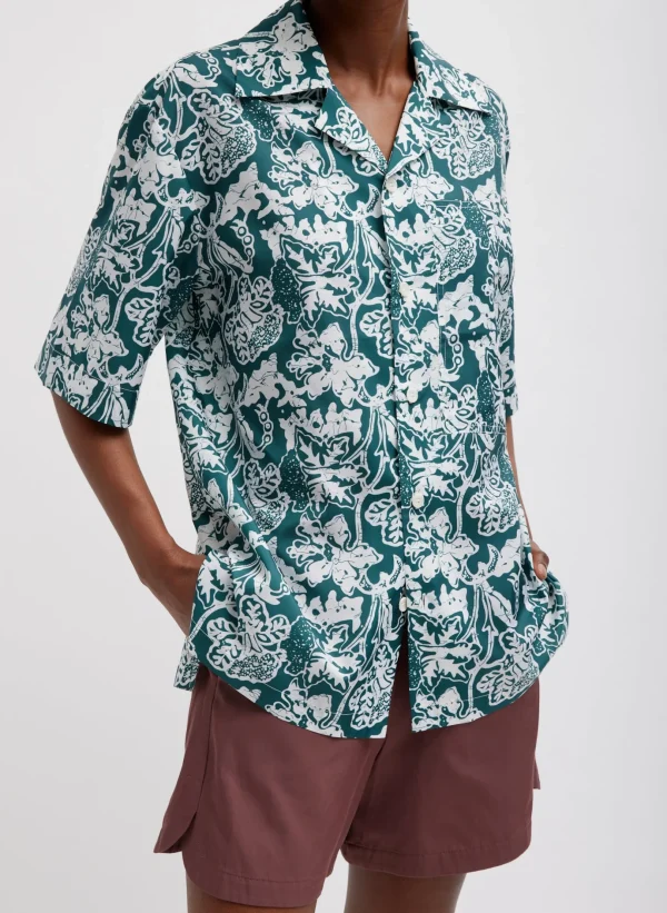 Tibi Recycled Nylon Batik Camp Shirt Hunter Green Multi Sale