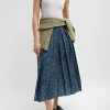 Tibi Recycled Sporty Nylon Cheetah Pleated Pull On Skirt Navy Fog Multi Discount