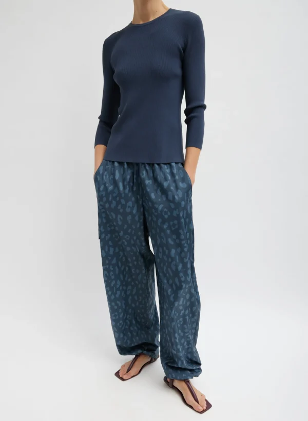 Tibi Recycled Sporty Nylon Cheetah Wide Leg Pull On Pant Navy Fog Multi Best