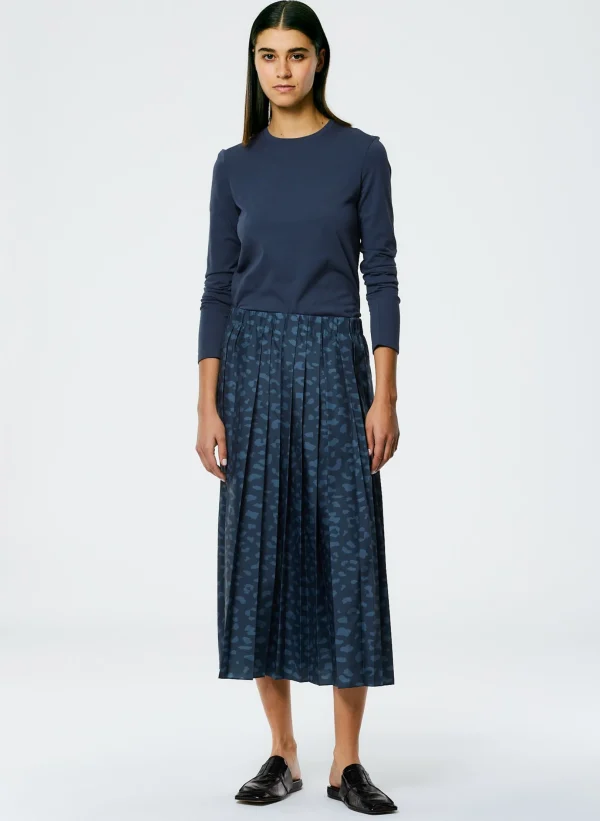 Tibi Recycled Sporty Nylon Cheetah Pleated Pull On Skirt Navy Fog Multi Discount