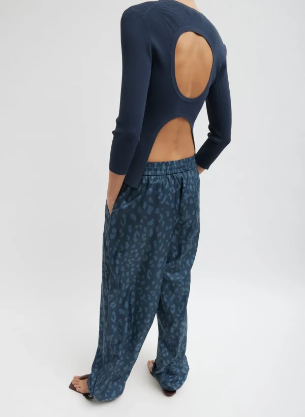 Tibi Recycled Sporty Nylon Cheetah Wide Leg Pull On Pant Navy Fog Multi Best