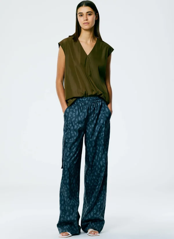 Tibi Recycled Sporty Nylon Cheetah Wide Leg Pull On Pant Navy Fog Multi Best