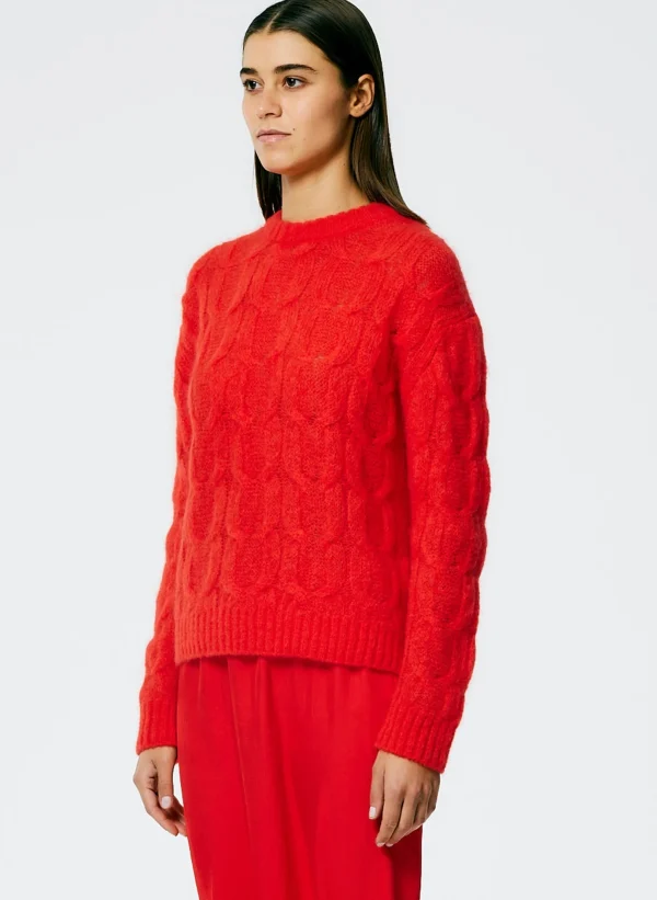 Tibi Soft Mohair Cable Crewneck Easy Pullover Red Hot