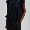 Tibi Spring Acetate Shirred Neck Circular Top Dark Navy Discount