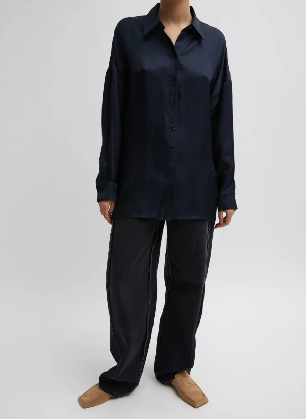 Tibi Spring Acetate Shirt With Cocoon Back Dark Navy Discount