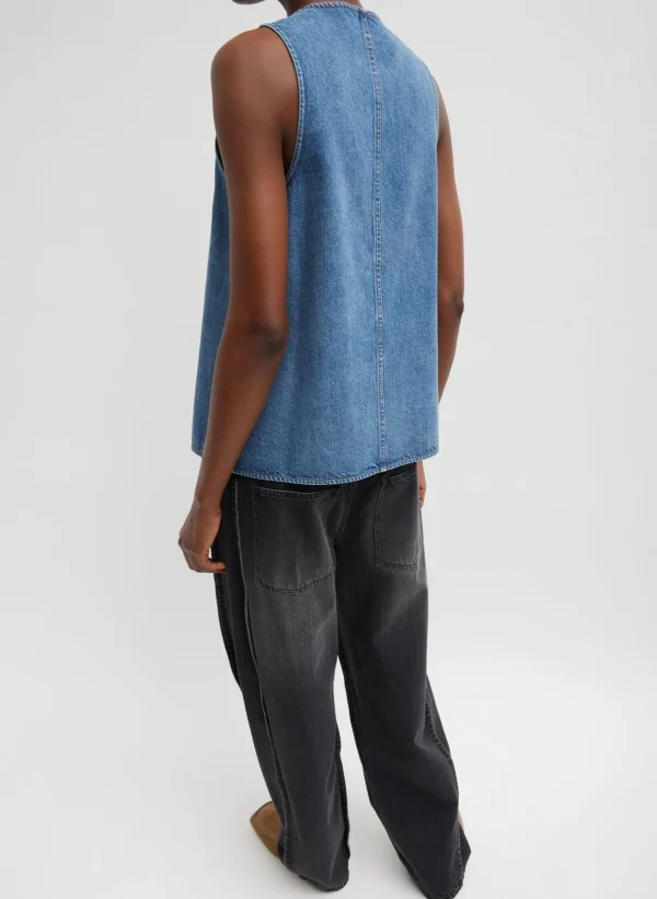 Tibi Spring Denim Slit Front Sleeveless Top Classic Blue Shop