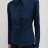 Tibi Stretch Cotton Nylon Circular Sleeve Shirt Navy Blue Best