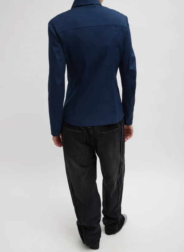 Tibi Stretch Cotton Nylon Circular Sleeve Shirt Navy Blue Best