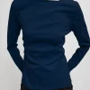 Tibi Stretch Cotton Nylon Square Neck Slim Circular Sleeve Top Navy Blue Fashion