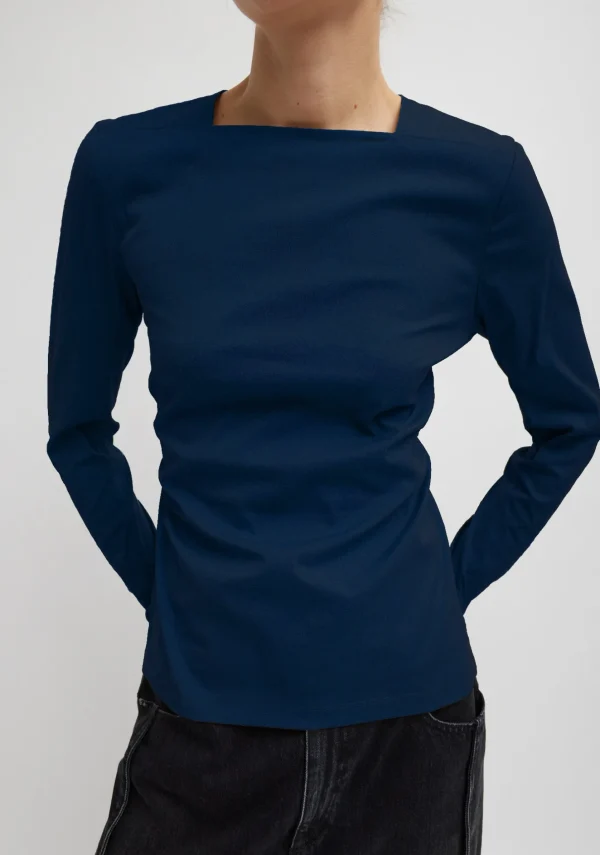 Tibi Stretch Cotton Nylon Square Neck Slim Circular Sleeve Top Navy Blue Fashion