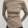 Tibi Stretch Cotton Nylon Square Neck Slim Circular Sleeve Top Mink Grey Fashion