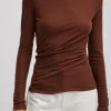 Tibi Tencel Knit Twisted Seam Long Sleeve T-Shirt Brown Shop