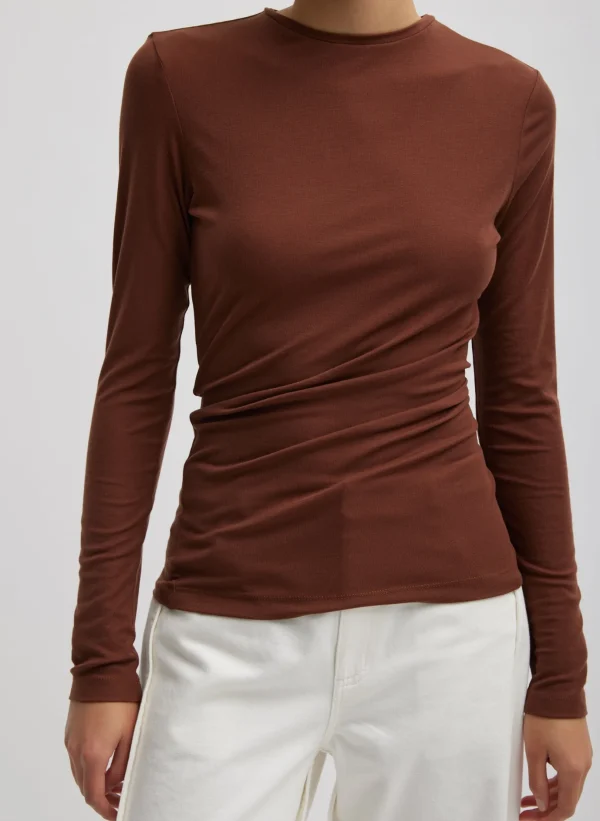 Tibi Tencel Knit Twisted Seam Long Sleeve T-Shirt Brown Shop