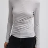 Tibi Tencel Knit Twisted Seam Long Sleeve T-Shirt Pearl Grey Discount