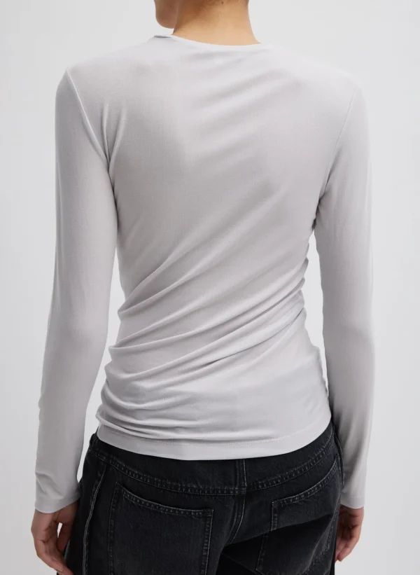 Tibi Tencel Knit Twisted Seam Long Sleeve T-Shirt Pearl Grey Discount