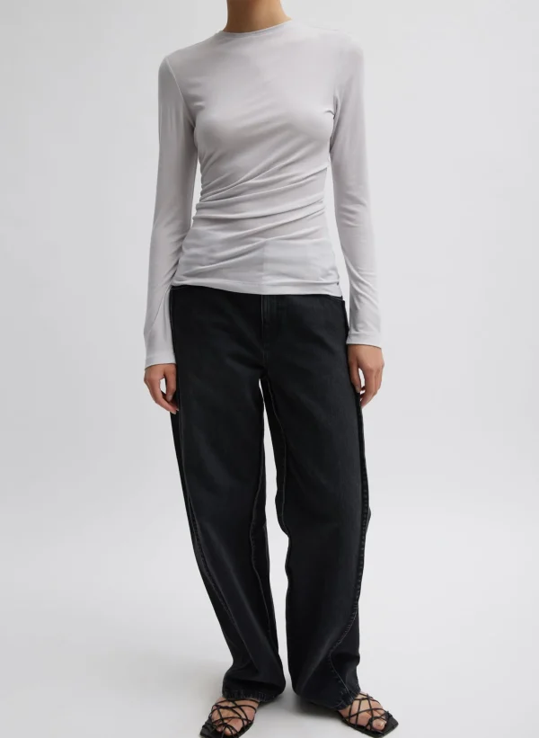 Tibi Tencel Knit Twisted Seam Long Sleeve T-Shirt Pearl Grey Discount
