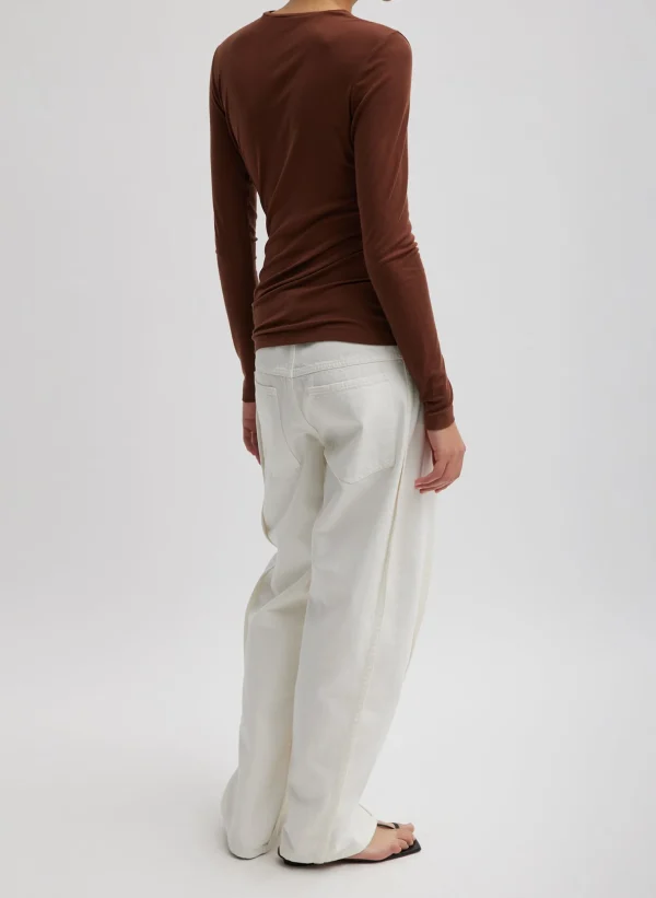 Tibi Tencel Knit Twisted Seam Long Sleeve T-Shirt Brown Shop