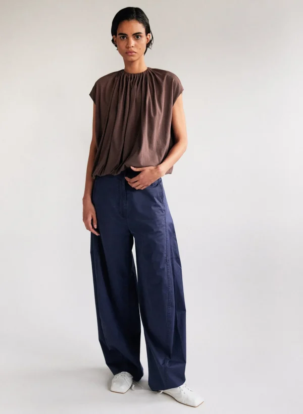 Tibi T-Shirting Shirred Neck Circular Top Cacao Shop