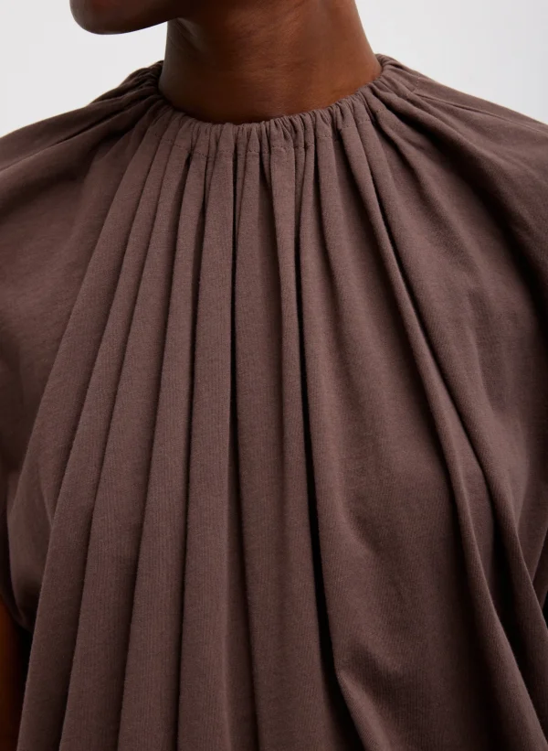 Tibi T-Shirting Shirred Neck Circular Top Cacao Shop